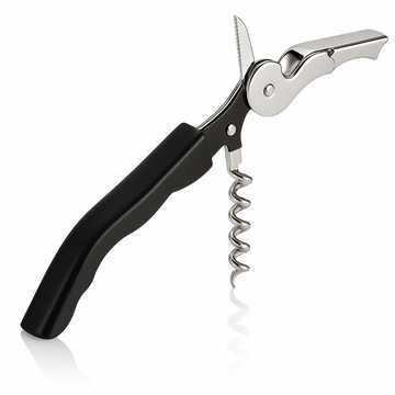 Corkscrew with black handle and silver accents on a white background