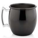 Black mug with a silver handle on a white background