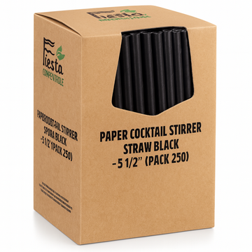 Box of black paper cocktail stirrers with Fiesta branding on a white background