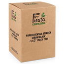 Cardboard box of Fiesta Compostable paper cocktail stirrers on a white background