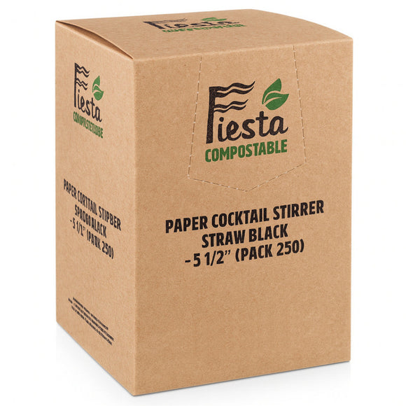 Cardboard box of Fiesta Compostable paper cocktail stirrers on a white background