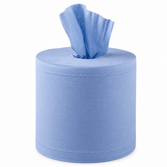A roll of light blue tissue paper with a single sheet pulled out at the top, shown on a plain white background.