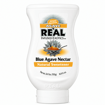 A white squeeze bottle of Agave Real Blue Agave Nectar Natural Sweetener, featuring a label with an agave plant illustration and product text on a white background.