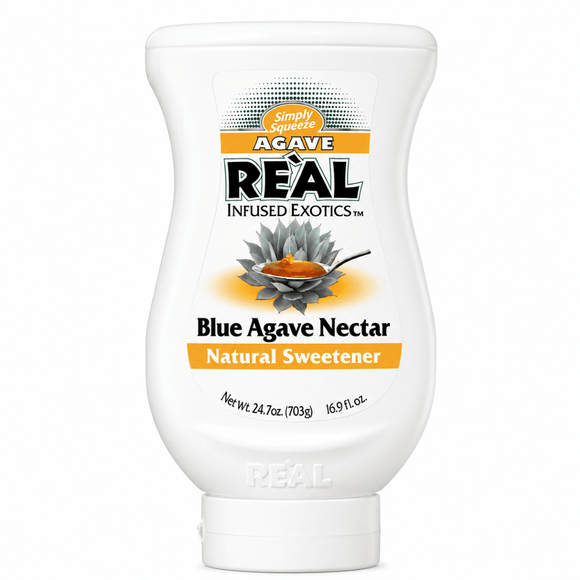 A white squeeze bottle of Agave Real Blue Agave Nectar Natural Sweetener, featuring a label with an agave plant illustration and product text on a white background.