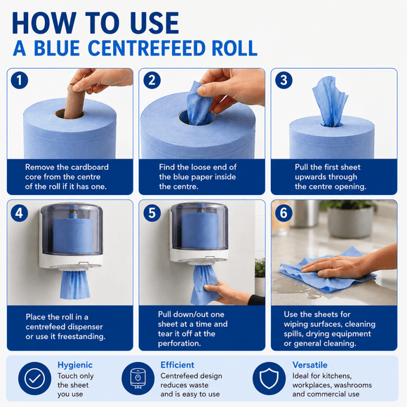 Instructional graphic titled 'HOW TO USE A BLUE CENTREFEEB ROLL' showing six numbered steps with a hand using a roll dispenser and pulling blue cleaning sheets, plus feature icons at the bottom.