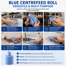 An infographic banner for a blue centrefeed roll cleaning cloth, showing six panels of hands using the blue cloth for various cleaning tasks like wiping surfaces, drying glassware, cleaning equipment, spill control, washroom use, and industrial use. The bottom section lists product features and benefits.