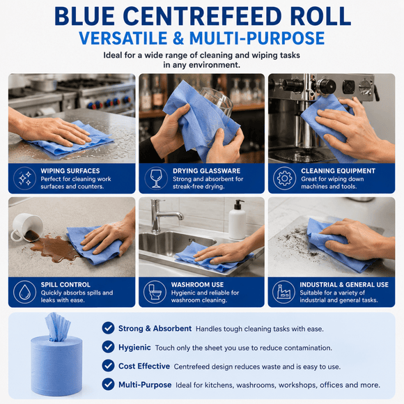 An infographic banner for a blue centrefeed roll cleaning cloth, showing six panels of hands using the blue cloth for various cleaning tasks like wiping surfaces, drying glassware, cleaning equipment, spill control, washroom use, and industrial use. The bottom section lists product features and benefits.
