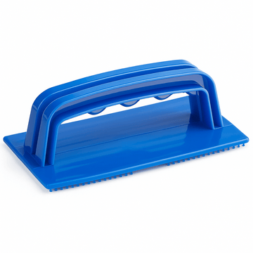 Blue plastic griddle pad holder with a strong handle on a white background