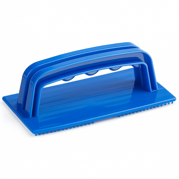Blue plastic griddle pad holder with a strong handle on a white background