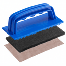 Blue giddle pad holder with scrubber pads and screens on a white background