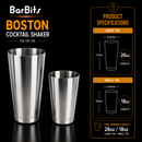 BarBits Boston cocktail shaker with product specifications on a black background
