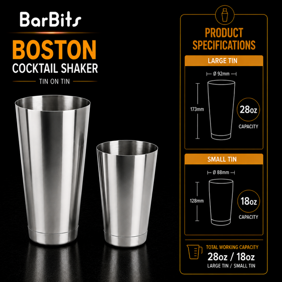 BarBits Boston cocktail shaker with product specifications on a black background