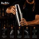 Person using a cocktail shaker with BarBits branding, set against a bar background.