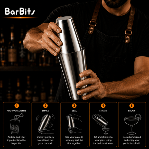 Person using a cocktail shaker with BarBits branding, set against a bar background.