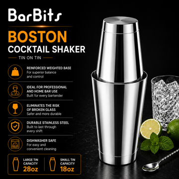 BarBits Boston cocktail shaker with features listed on a dark background