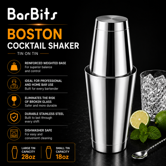 BarBits Boston cocktail shaker with features listed on a dark background