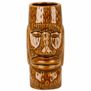 A brown ceramic tiki mug shaped like a carved face with a textured, bark-like surface and glossy glaze, shown against a plain white background.