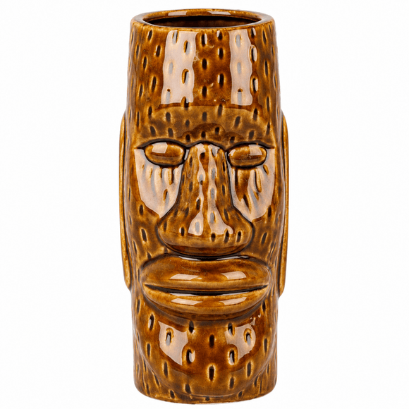A brown ceramic tiki mug shaped like a carved face with a textured, bark-like surface and glossy glaze, shown against a plain white background.