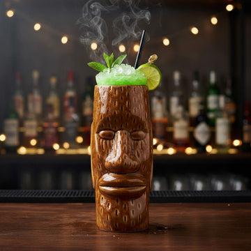 Tiki mug with a cocktail on a bar counter, surrounded by blurred bottles.
