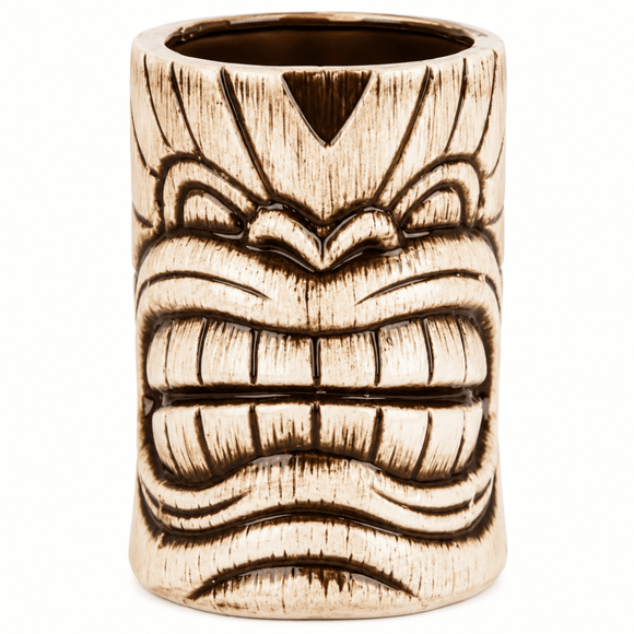 A ceramic tiki mug shaped like a carved tiki face, featuring a glossy metallic bronze finish with dark brown recessed details, shown on a plain white background.