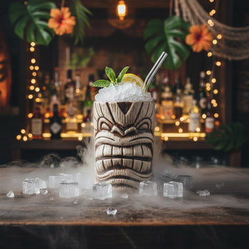 Tiki cocktail with ice and garnish in a decorative glass on a bar with a warm ambiance.