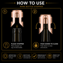 Instruction graphic for a wine bottle stopper on a black background, showing two numbered steps: placing the stopper on a wine bottle and pushing it down to close. The stopper is metallic rose gold, with black and gold text and icons.
