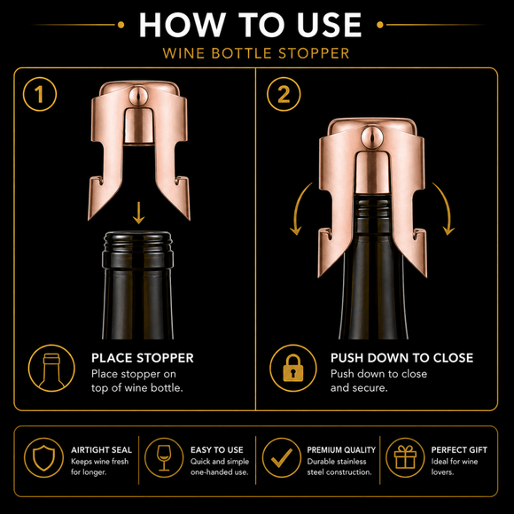 Instruction graphic for a wine bottle stopper on a black background, showing two numbered steps: placing the stopper on a wine bottle and pushing it down to close. The stopper is metallic rose gold, with black and gold text and icons.