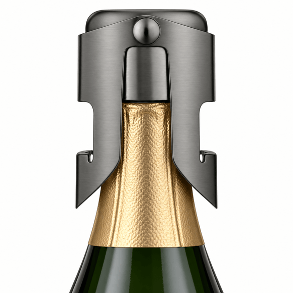 A close-up of a champagne bottle with a Champagne Stopper in a Gunmetal finish shown against a plain white background.