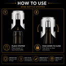Instruction graphic titled 'HOW TO USE WINE BOTTLE STOPPER' on a black background, showing two numbered steps: placing the stopper on a wine bottle top and pushing it down to close. Additional feature callouts appear along the bottom.