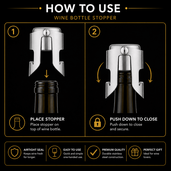 Instruction graphic titled 'HOW TO USE WINE BOTTLE STOPPER' on a black background, showing two numbered steps: placing the stopper on a wine bottle top and pushing it down to close. Additional feature callouts appear along the bottom.