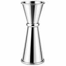 A polished stainless steel jigger with a conical shape and double-measuring design, shown on a solid white background.