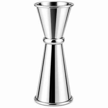 A polished stainless steel jigger with a conical shape and double-measuring design, shown on a solid white background.