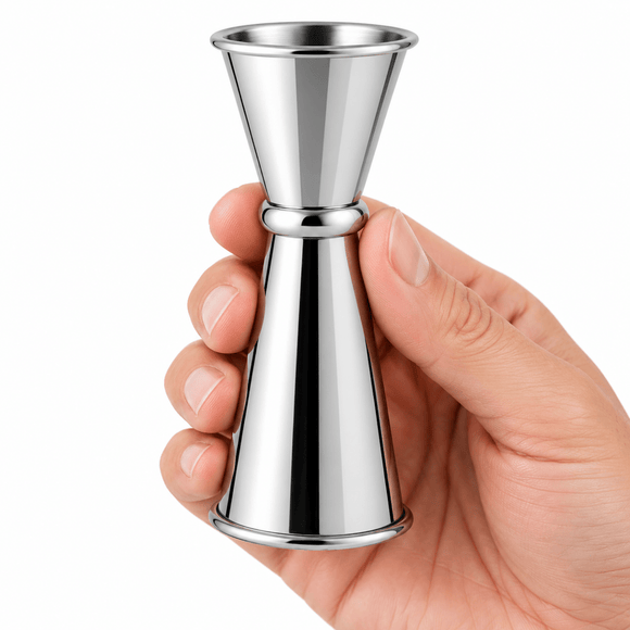 A stainless steel jigger measuring tool being held in a person's hand against a plain white background.