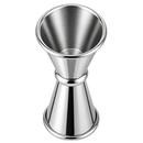 A polished stainless steel jigger with a flared top and conical base, shown on a clean white background.