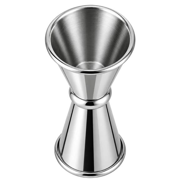 A polished stainless steel jigger with a flared top and conical base, shown on a clean white background.