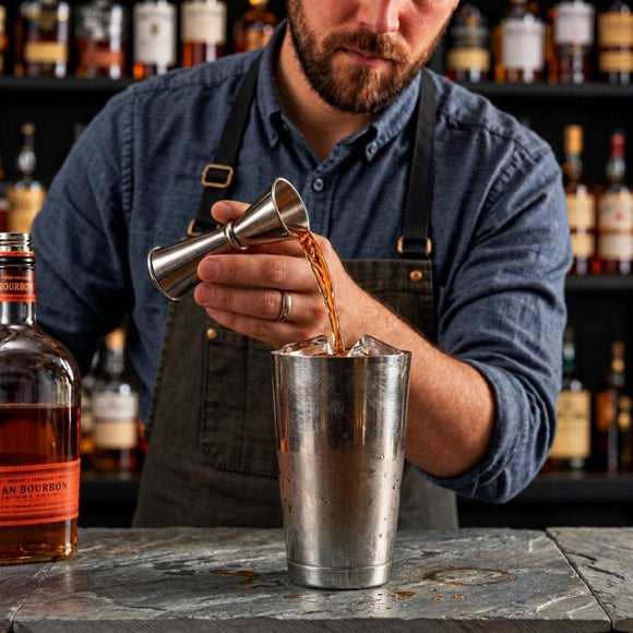 A bartender in a blue shirt and dark apron pours amber liquor from a metal jigger into a stainless steel shaker on a bar counter, with a bottle of bourbon and blurred bottles in the background.