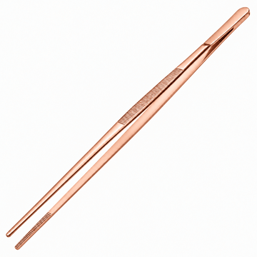 Rose gold cocktail tweezers with a textured grip and fine metal tips, shown diagonally on a solid white background.