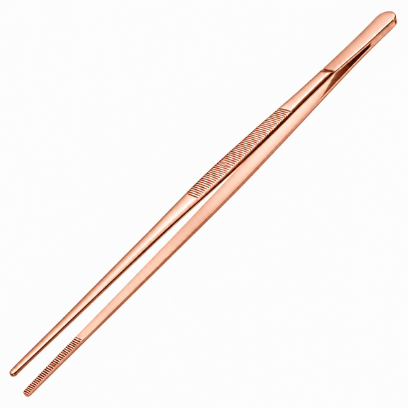 Rose gold cocktail tweezers with a textured grip and fine metal tips, shown diagonally on a solid white background.