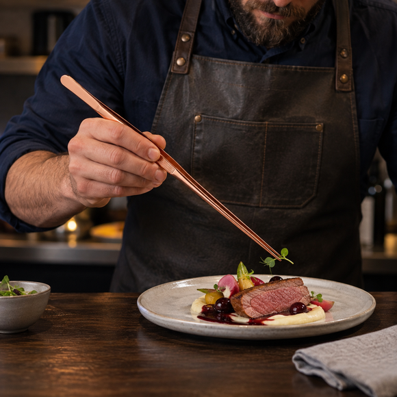 A close-up lifestyle shot of a chef wearing a dark brown leather apron and navy shirt, using a pair of rose gold cocktail tweezers garnish a plated dish on a dark wooden table.