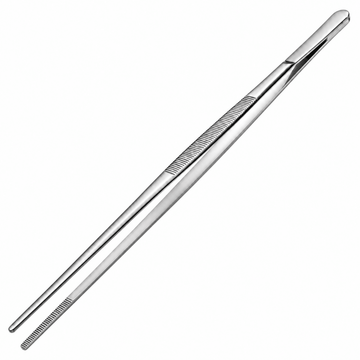 A stainless steel precision tweezers with textured grip handles, shown diagonally on a plain white background.