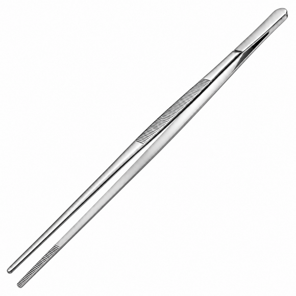 A stainless steel precision tweezers with textured grip handles, shown diagonally on a plain white background.