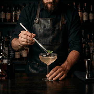 A bartender in a black leather apron garnishes a cocktail in a coupe glass with a metal strainer, set against a dark, blurred bar background with bottles.