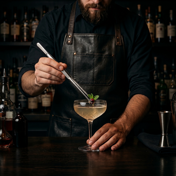 A bartender in a black leather apron garnishes a cocktail in a coupe glass with a metal strainer, set against a dark, blurred bar background with bottles.