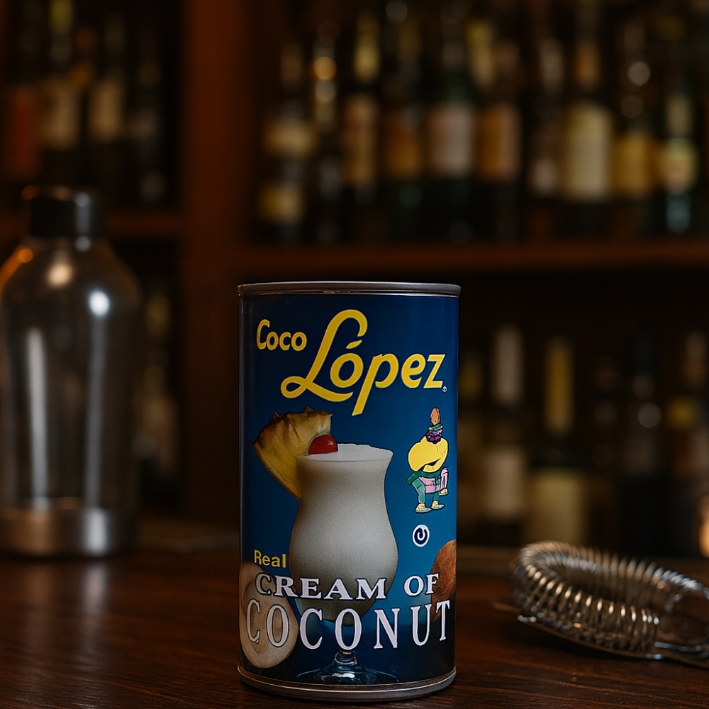 Can of Coco Lopez Cream of Coconut on a bar counter with blurred bottles in the background