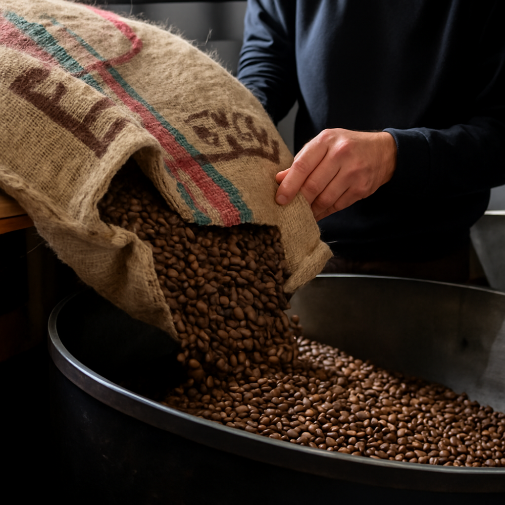 Person pouring coffee beans from a burlap bag into a metal tray.