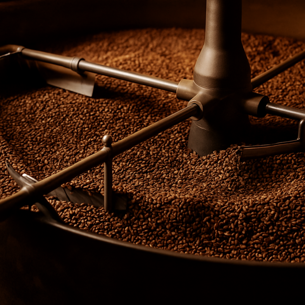 Coffee beans being ground by a coffee grinder