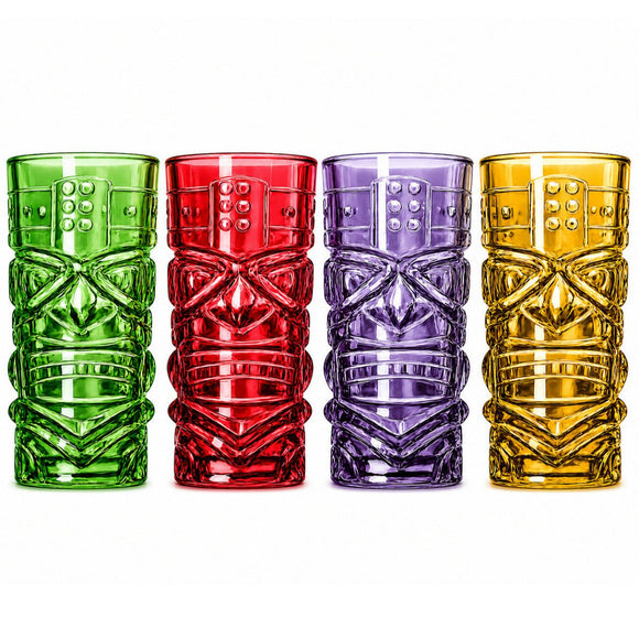 Four tiki-style tumblers in green, red, purple, and gold, arranged side by side on a plain white background.
