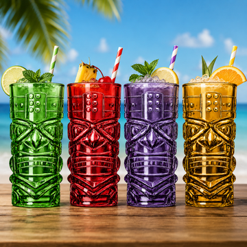 Four colorful tiki-style tumblers with a carved face design, filled with cocktails and garnished with citrus slices and mint, set on a wooden table with a beach and palm tree background.