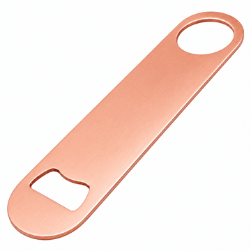 A single bottle opener made of brushed rose gold metal, shown diagonally on a plain white background.