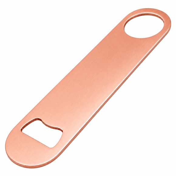 A single bottle opener made of brushed rose gold metal, shown diagonally on a plain white background.